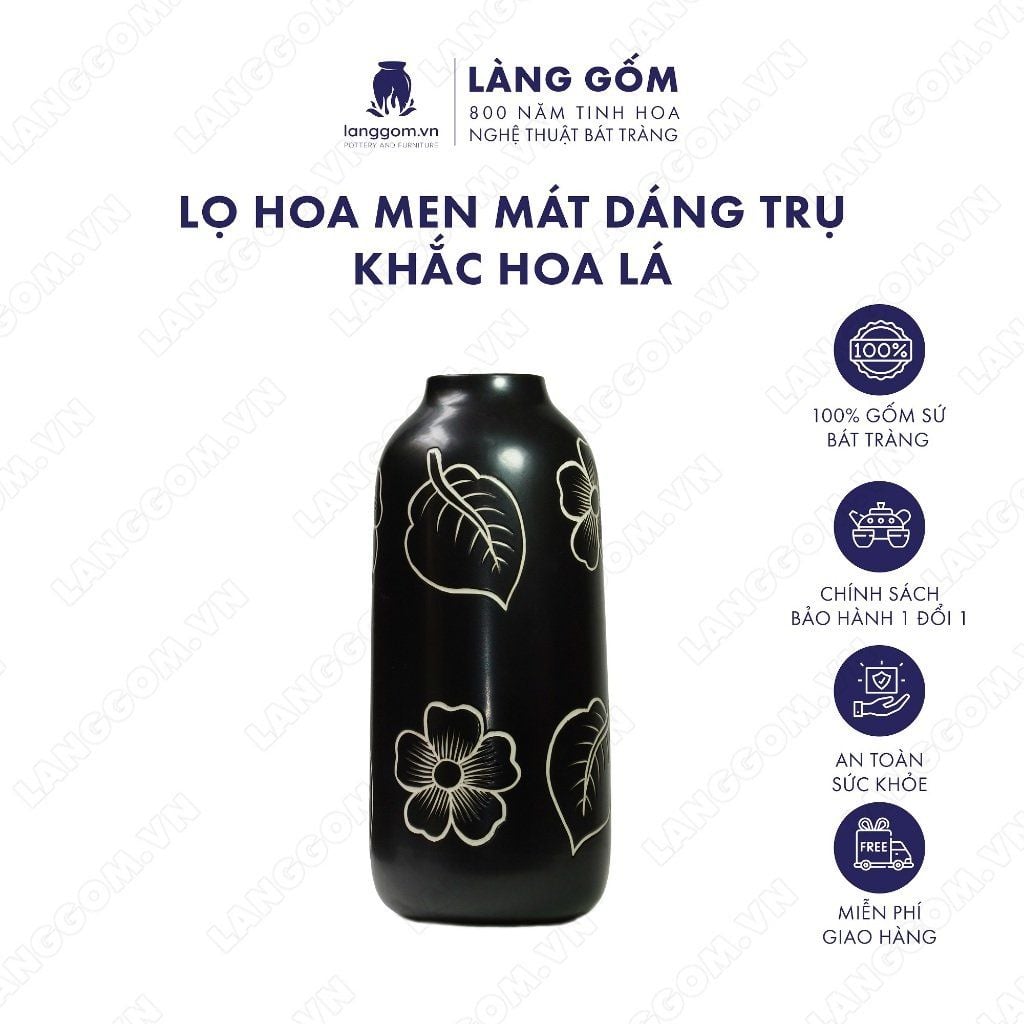  Bình cắm men mát dáng trụ khắc hoa lá 