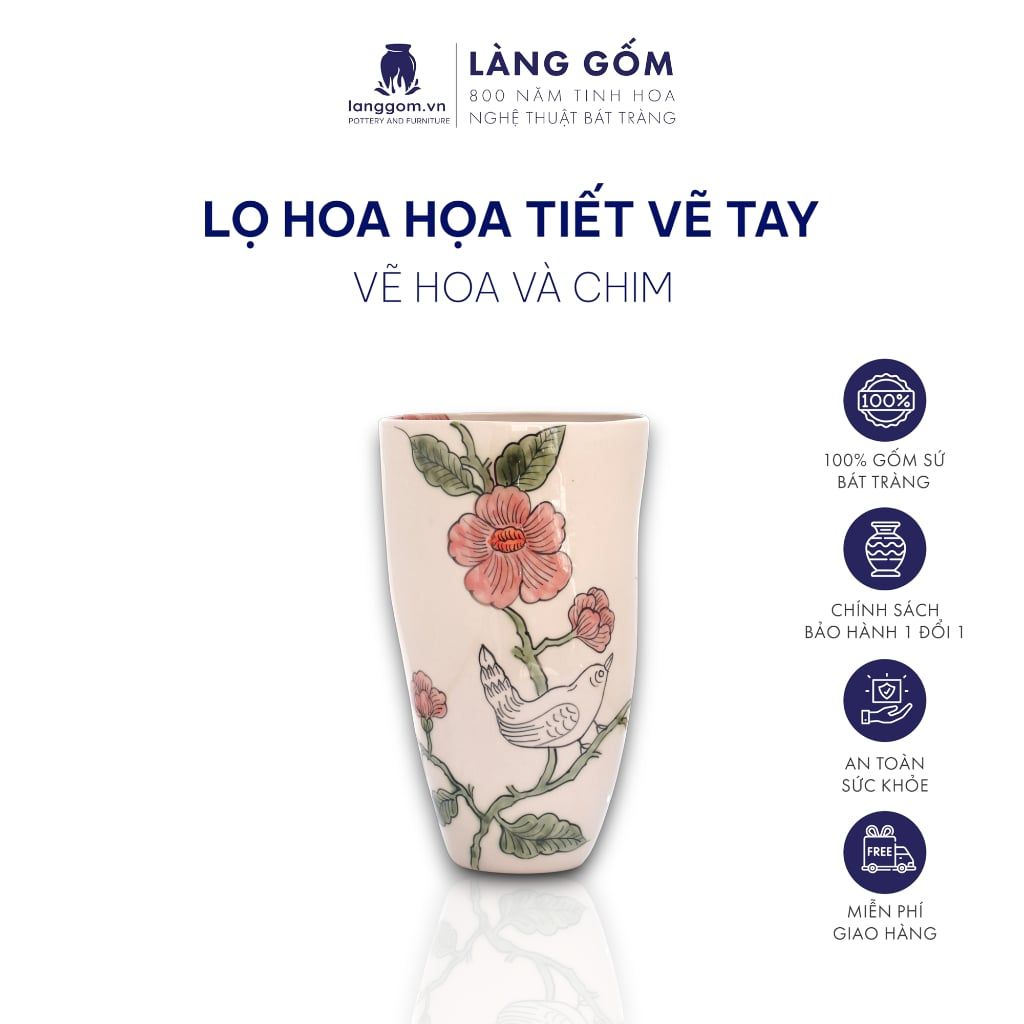  Lọ hoa men màu vẽ tay họa tiết hoa và chim 