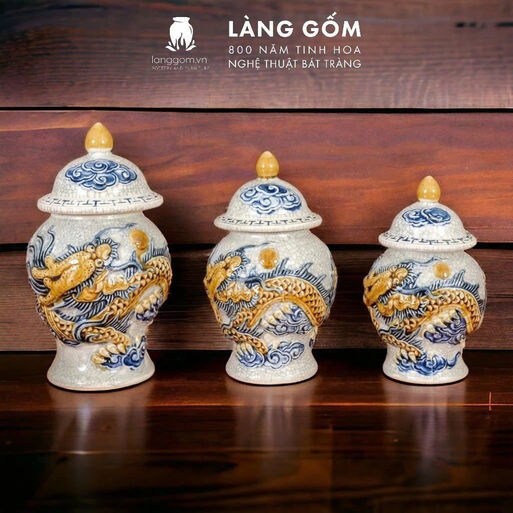  Chóe men rạn đắp nổi rồng cao 19 cm, 17.5 cm, 16.5 cm 