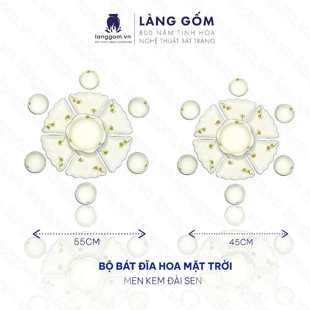  Bộ bát đĩa hoa mặt trời men kem vẽ đài sen 