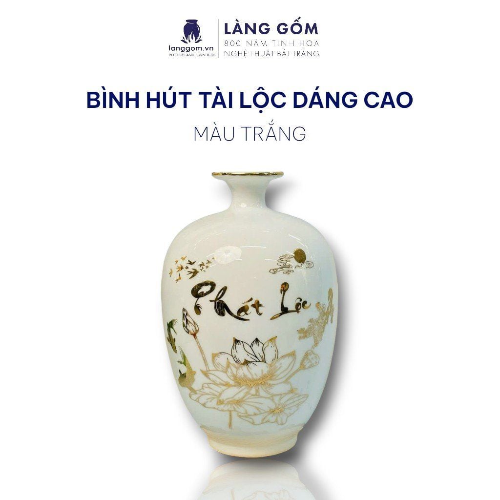  Bình hút lộc men trắng vẽ Thuyền Buồm Tài Lộc vàng 18k phong thủy 