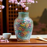  Lọ hoa vẽ bách hoa chấm màu dáng vại cổ ngăn, họa tiết trổ chim và cành mai - Gốm sứ Biên Hòa 