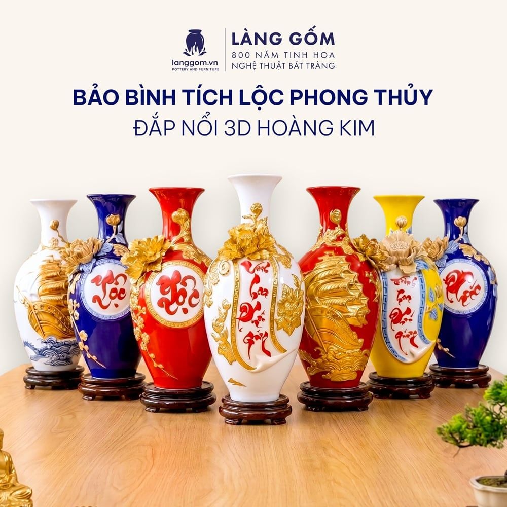  Bảo Bình Tích Lộc Gốm Bát Tràng Cao Cấp - Đắp Nổi 3D Hoàng Kim Màu Ngũ Hành - Quà Tặng Sang Trọng 