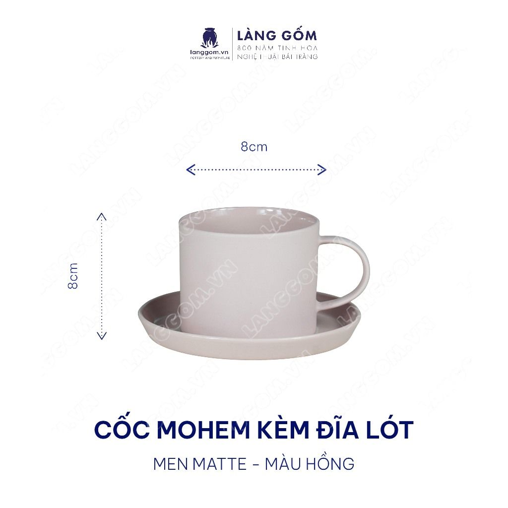  Cốc ly sứ gốm có quai men mờ kiểu mohem cùng đĩa lót 