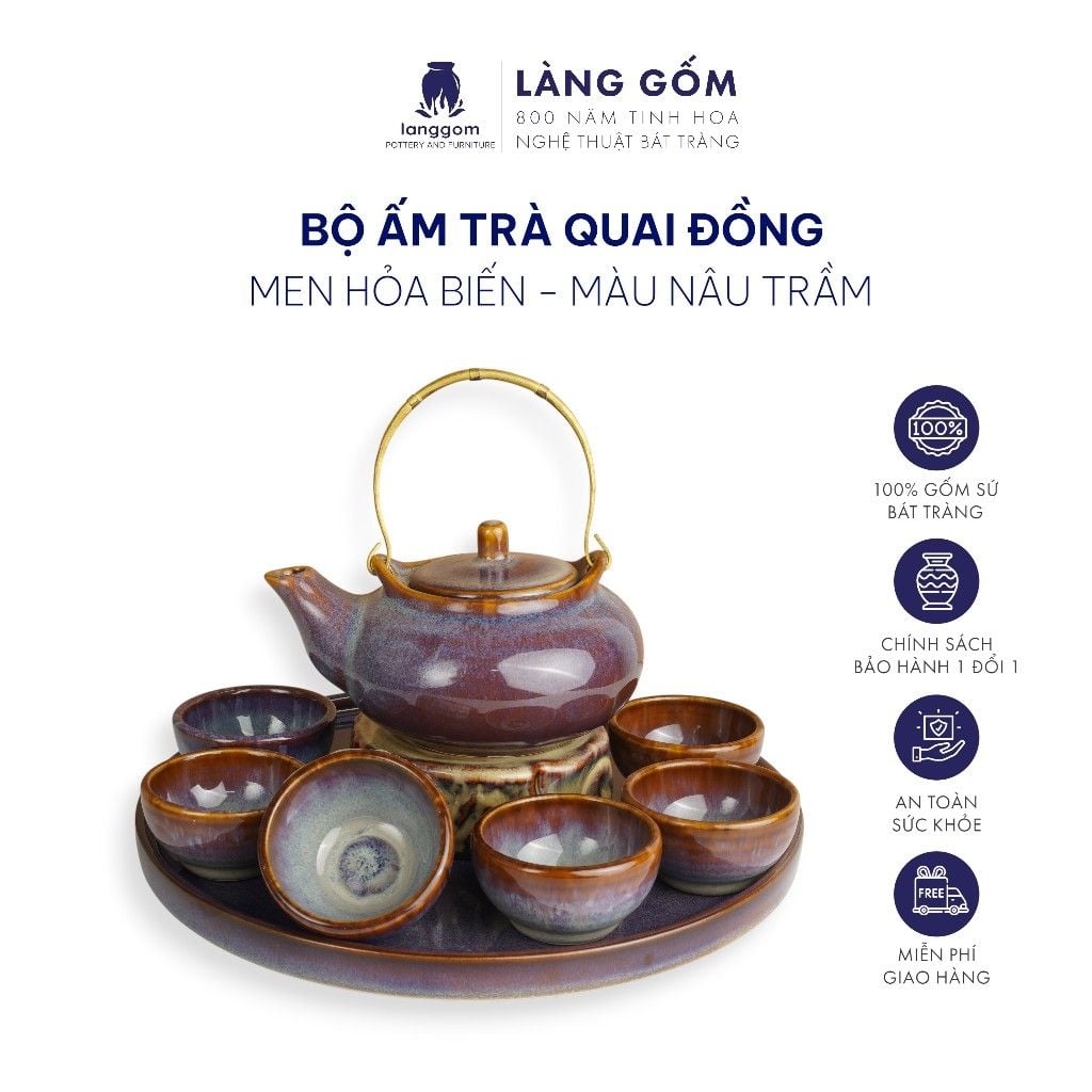  Bộ ấm chén quai đồng men hỏa biến màu nâu trầm 