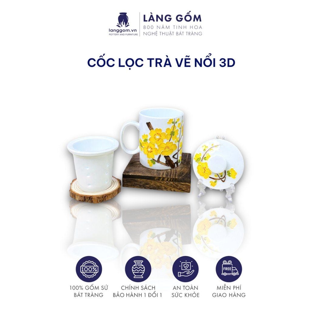  Cốc lọc trà vẽ nổi 3D vẽ tay thủ công cao cấp, dung tích 330ml 