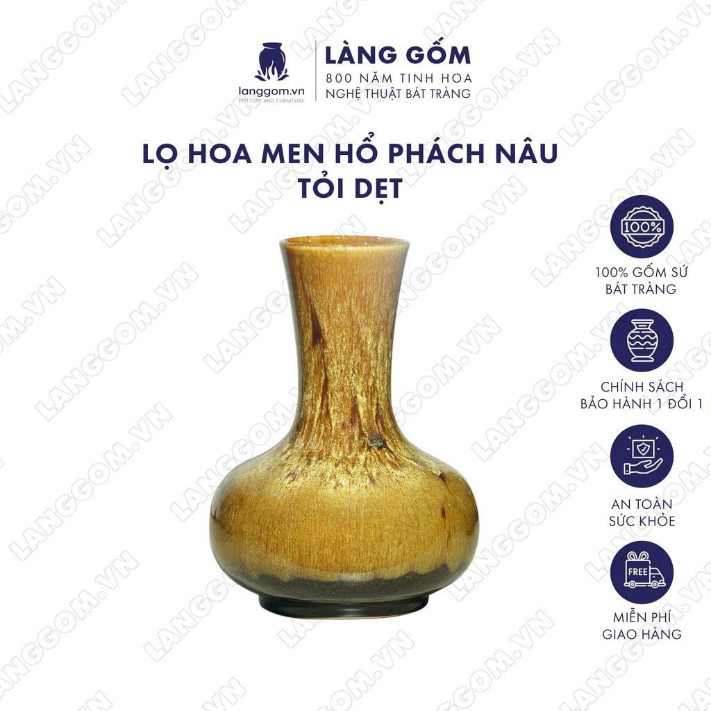  Bình hoa men hỏa biến dáng tỏi dẹt màu hổ phách nâu 