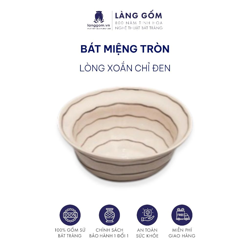  Bát ăn cơm, chén gia vị miệng tròn hoa văn lòng xoắn chỉ đen 