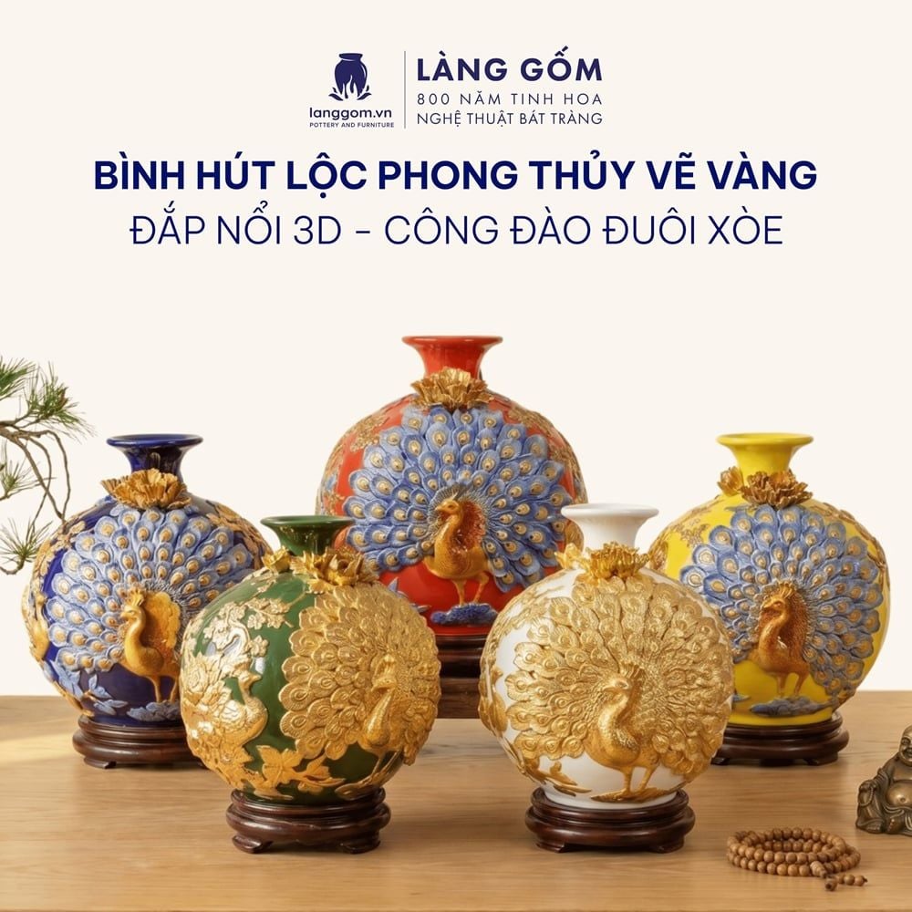  Bình Hút Lộc Đắp Nổi Vàng Kim Công Đào Đuôi Xòe - Bình Tụ Lộc Phong Thủy Quà Tặng Cao Cấp 
