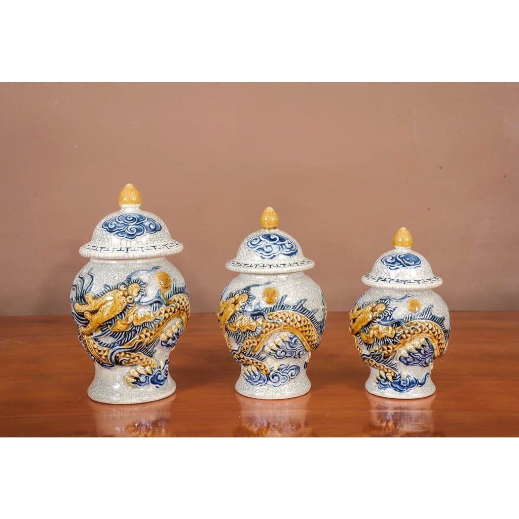  Bộ đồ cúng - Chóe rồng lượn - Men rạn đắp nổi - Bộ đồ cúng 