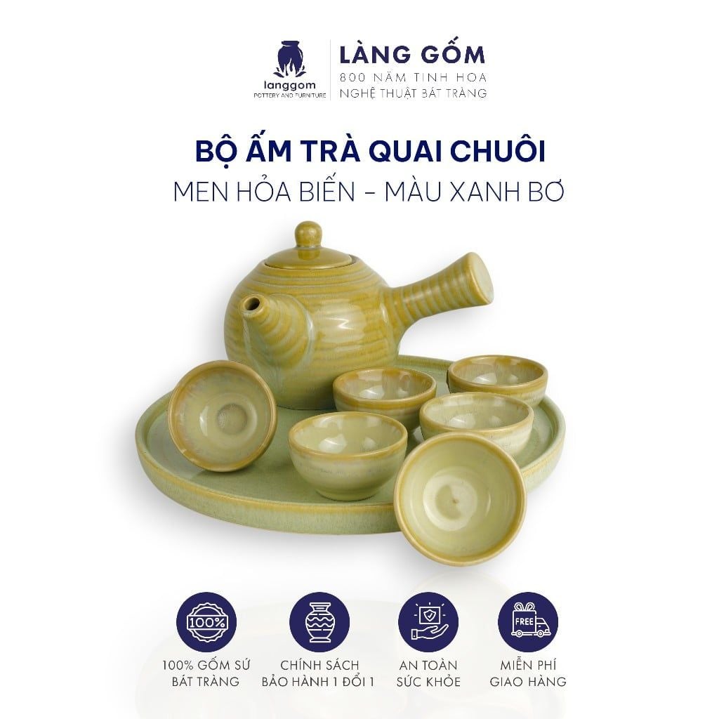  Bộ ấm chén quai chuôi men hỏa biến màu xanh bơ 