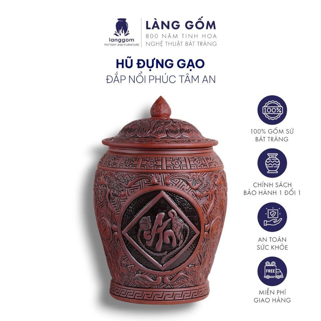  Hũ đựng gạo khắc nổi Phúc Tâm An 