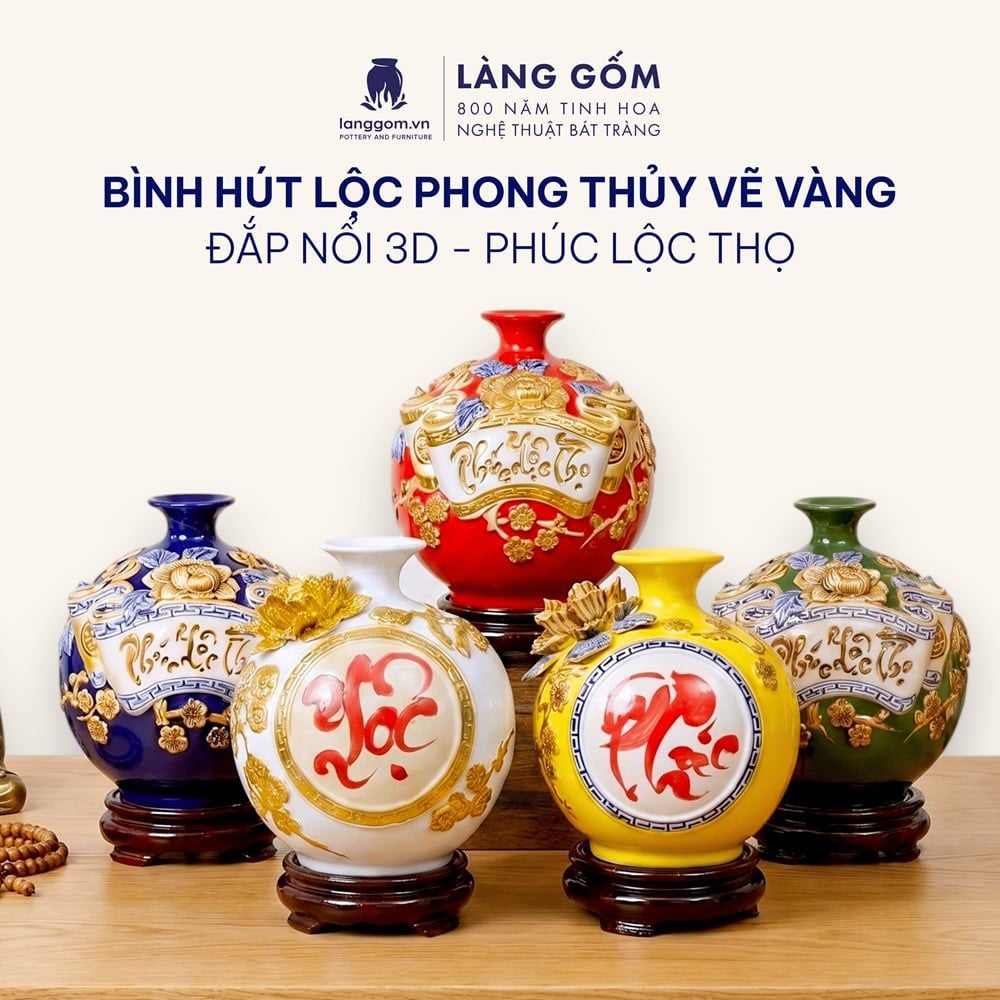  Bình Hút Lộc Tam Phúc Tụ Tài Đắp Nổi 3D Gốm Sứ Bát Tràng – Phúc Lộc Thọ, Quà Tặng Phong Thủy Cao Cấp 