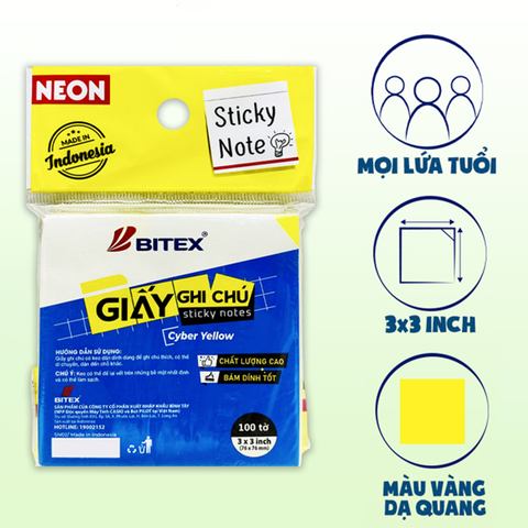 Bitex - Túi Giấy Ghi Chú 100 Tờ 3x3inch SN02 Màu Cyber Vàng