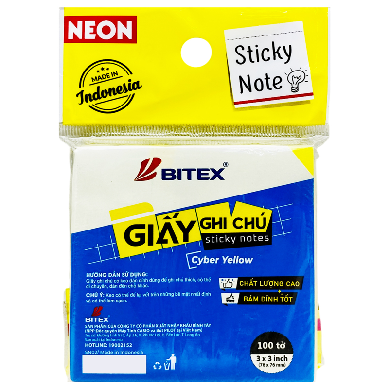 Bitex - Túi Giấy Ghi Chú 100 Tờ 3x3inch SN02 Màu Cyber Vàng