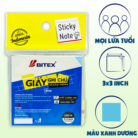 Bitex - Túi Giấy Ghi Chú 100 Tờ 3x3inch SN02 Màu Xanh Dương