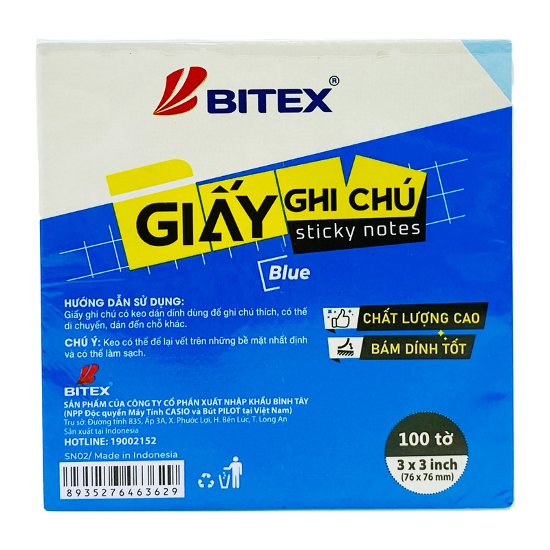 Bitex - Túi Giấy Ghi Chú 100 Tờ 3x3inch SN02 Màu Xanh Dương