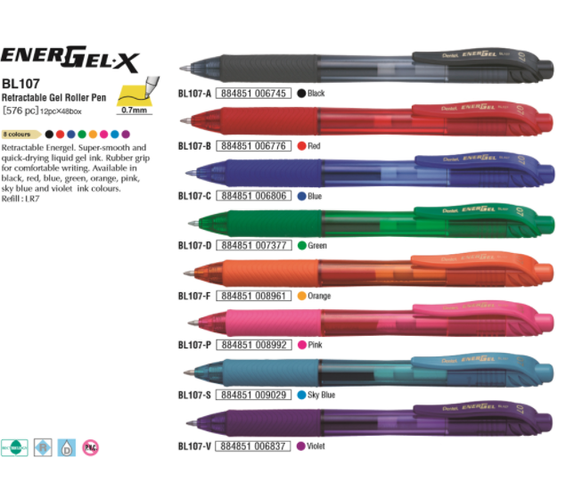 Pentel Energel - Bút Bi Gel  0.7MM - Mực Đen, Vỏ Xanh Dương BL107F_S