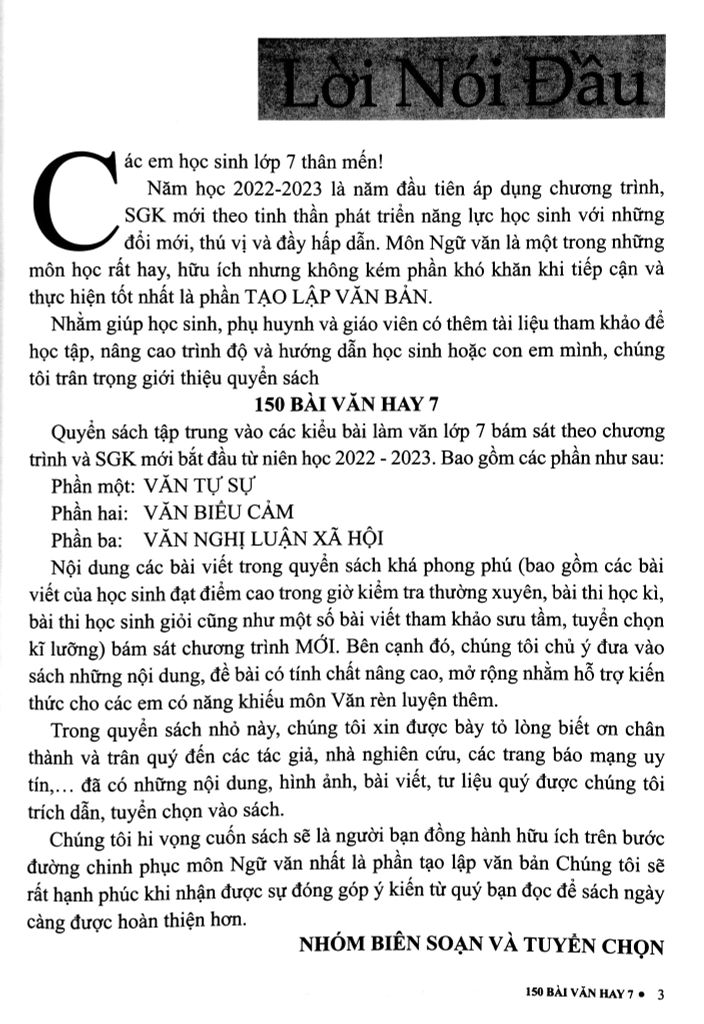150 BÀI VĂN HAY 7  (DÙNG CHUNG CÁC BỘ SGK HIỆN HÀNH)