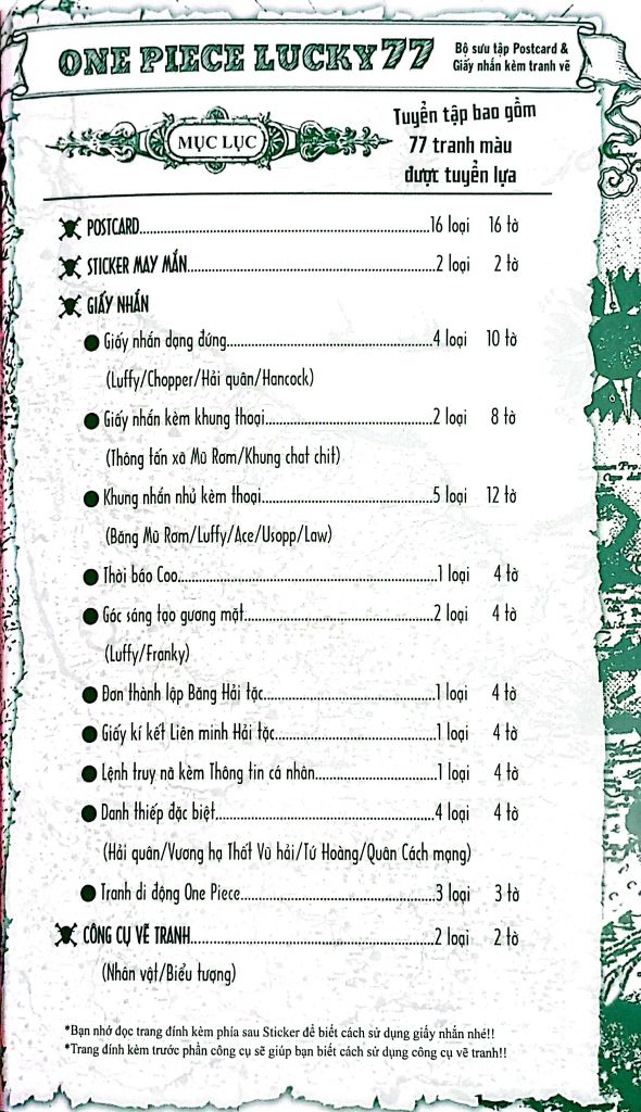 ONE PIECE LUCKY 77-BỘ SƯU TẬP POSTCARD & GIẤY NHẮN KÈM TRANH VẼ