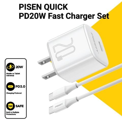 CỐC SẠC NHANH PISEN QUICK TINY  30W KÈM CÁP USB-C 60W (TS-C165 -TYPE-C/GLB) (AD-0037)