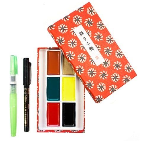 KURETAKE - Bộ Màu Nước Irodori Kobako Đỏ 6 Màu Kèm Cọ Và Viết