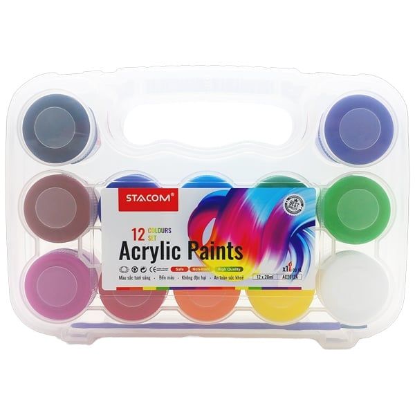 Bộ 12 Màu Acrylic Chuyên Nghiệp (20ml) STACOM, Kèm Cọ Vẽ - AC2012A