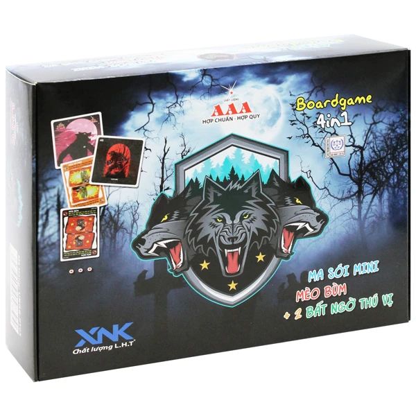 BOARDGAME 4IN1 MA SÓI MINI, MÈO QUỶ ÁM, XÍ NGẦU NỔ, DOMINO THÚ (XNK LHT)