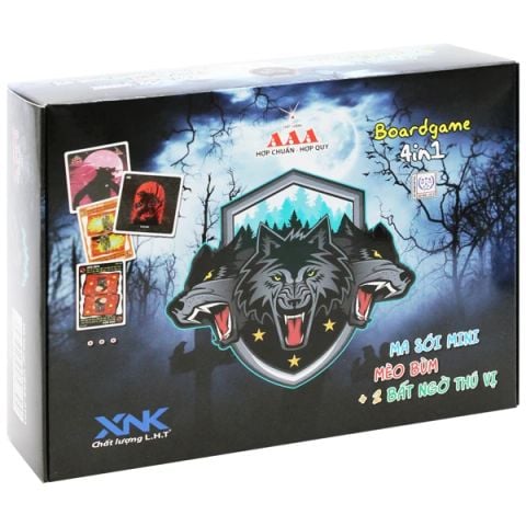 BOARDGAME 4IN1 MA SÓI MINI, MÈO QUỶ ÁM, XÍ NGẦU NỔ, DOMINO THÚ (XNK LHT)