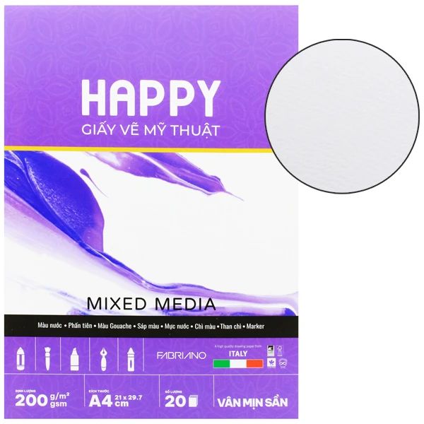 HAPPY - SỔ VẼ MIX MEDIA 200GSM A4 GÁY KEO 20 TỜ (HA-SK-MIX-A4-200G) (VM-0600)