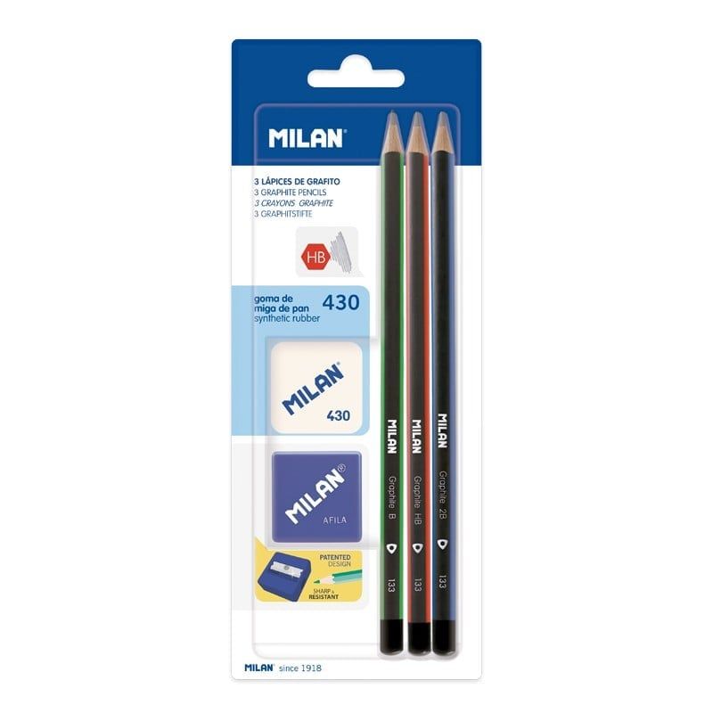 Vỉ 3 viết chì gỗ HB + Gôm + Chuốt Milan BYM10290
