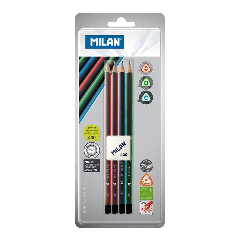 Vỉ 4 viết chì gỗ + Gôm Milan BYM10344
