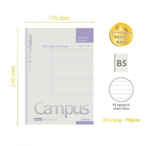 Tập Sinh Viên 80tr Campus – Basic B5 DL70gsm Kẻ Ngang Có Chấm NB-B5DL80BS-JP