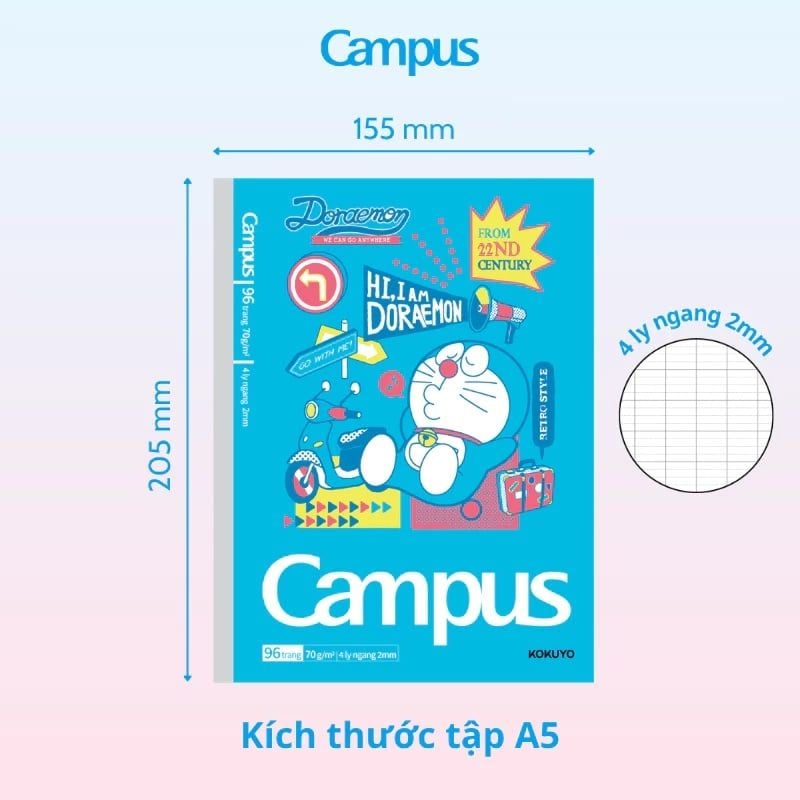 Tập Học Sinh 96tr Campus – Doraemon A5 DL70gsm 4 Ly Ngang NB-A5LY96DOR-08 (Giao mẫu ngẫu nhiên)
