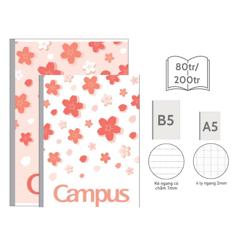 Tập Sinh Viên 200tr Campus – Sakura B5 DL70gsm 4 Ly Ngang BSKR200 (Giao mẫu ngẫu nhiên)