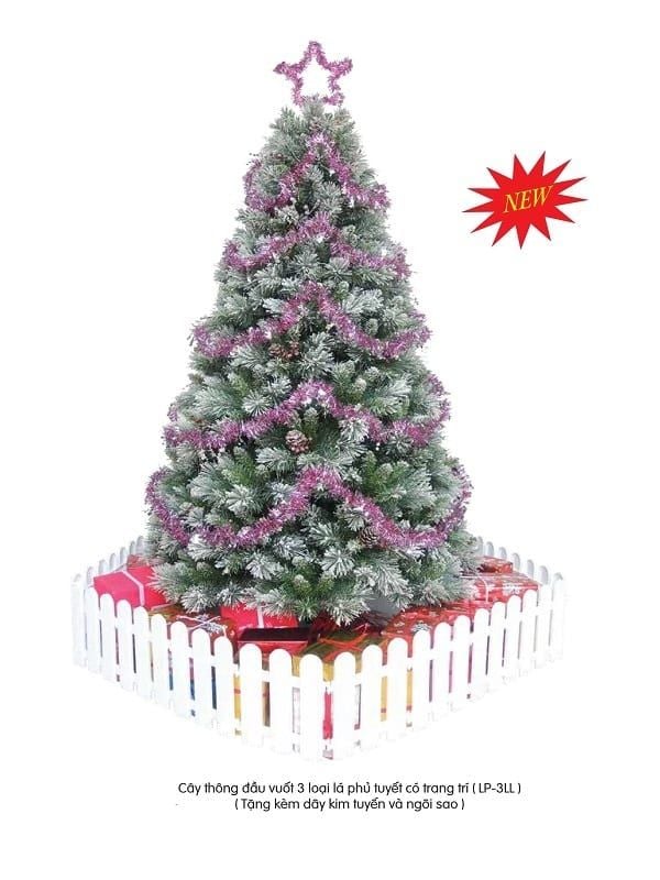 Cây Thông Noel Đầu Vuốt 3 Loại Lá Phủ Tuyết Gắn Trái Đỏ+Trái Thông 1M2