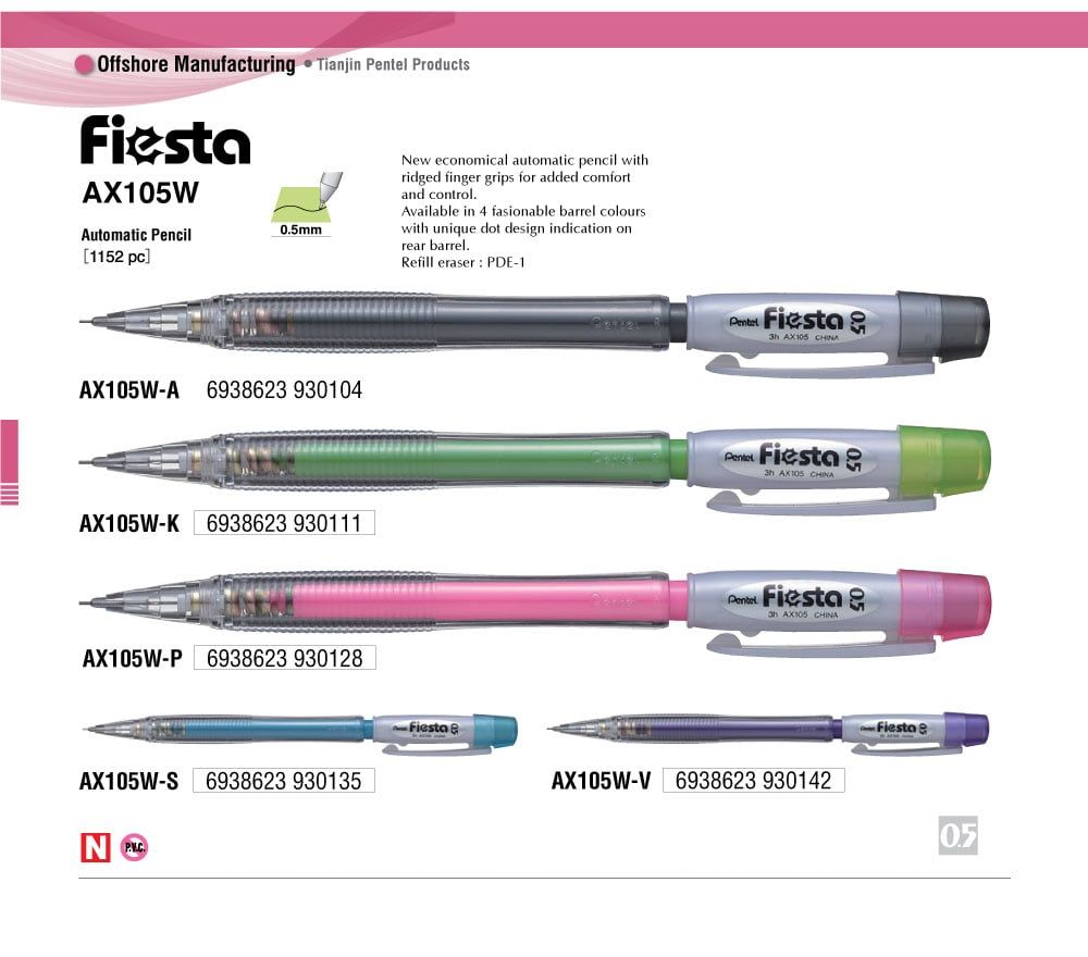 Bút Chì Bấm Pentel FIESTA 0.5mm - AX105W-A Thân Nhựa Trong Có Gôm - Màu Xám