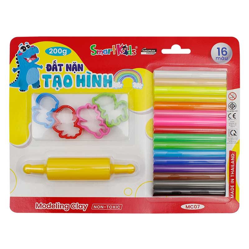 Đất Nặn SmartKids Vỉ Nhựa 200G + 4 Khuôn & Cây Lăn MC07 (16 Màu/Vỉ)