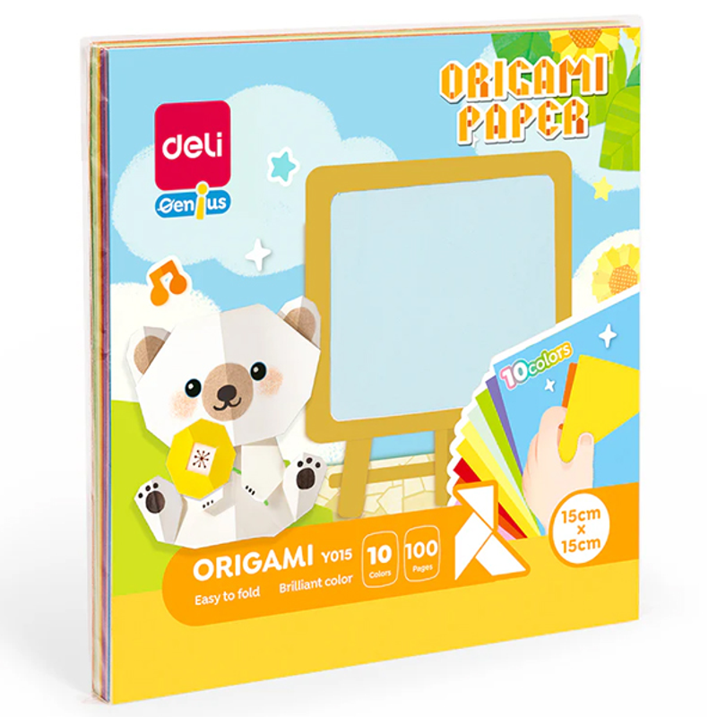 Deli - Giấy Gấp Thủ Công Origami 15*15cm Có 10 Màu Lẫn EY015 (100 Tờ/Xấp)