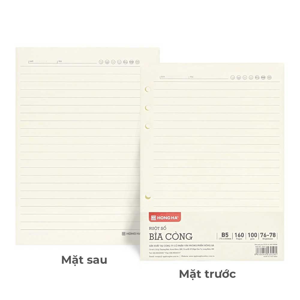Hồng Hà Ruột Bìa Còng B5, 160TR, ĐL 100/76-78% Kẻ Ngang 3020