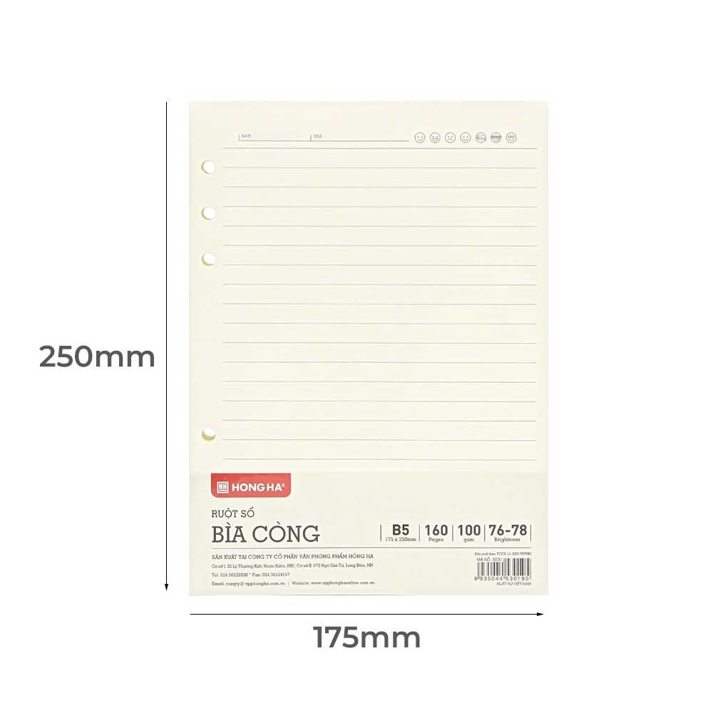 Hồng Hà Ruột Bìa Còng B5, 160TR, ĐL 100/76-78% Kẻ Ngang 3020