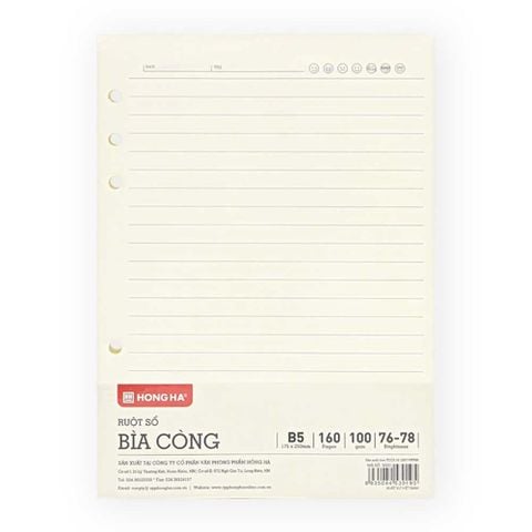 Hồng Hà Ruột Bìa Còng B5, 160TR, ĐL 100/76-78% Kẻ Ngang 3020