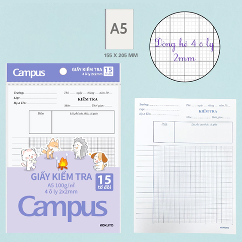 Campus - Giấy Kiểm Tra Animals Camp TP-A5D15AC A5 100Gsm 4Oly 2x2mm