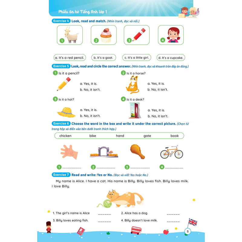 Phiếu Ôn Hè Tiếng Anh Lớp 1