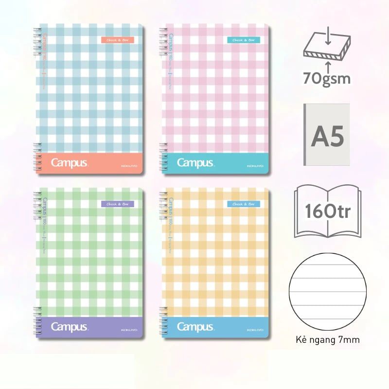 Campus – Sổ Lò Xo Check & Bar 160tr Kẻ Ngang RN-A5L160CB-P (Giao mẫu ngẫu nhiên)