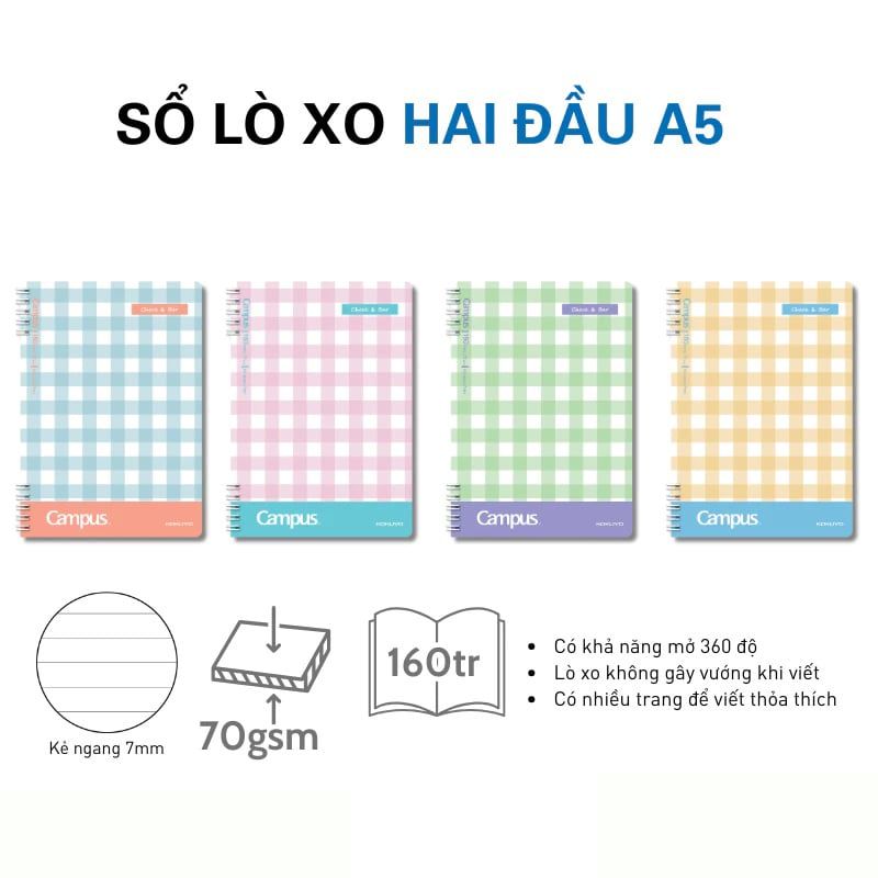 Campus – Sổ Lò Xo Check & Bar 160tr Kẻ Ngang RN-A5L160CB-P (Giao mẫu ngẫu nhiên)