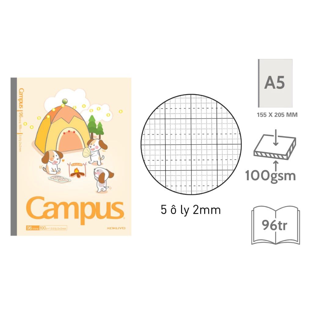 Tập Học Sinh 96tr Campus – Animals Camp A5 DL100gsm 5 Ô Ly Vuông (Giao mẫu ngẫu nhiên)