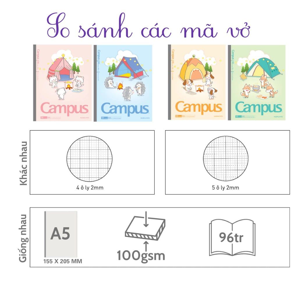 Tập Học Sinh 96tr Campus – Animals Camp A5 DL100gsm 5 Ô Ly Vuông (Giao mẫu ngẫu nhiên)