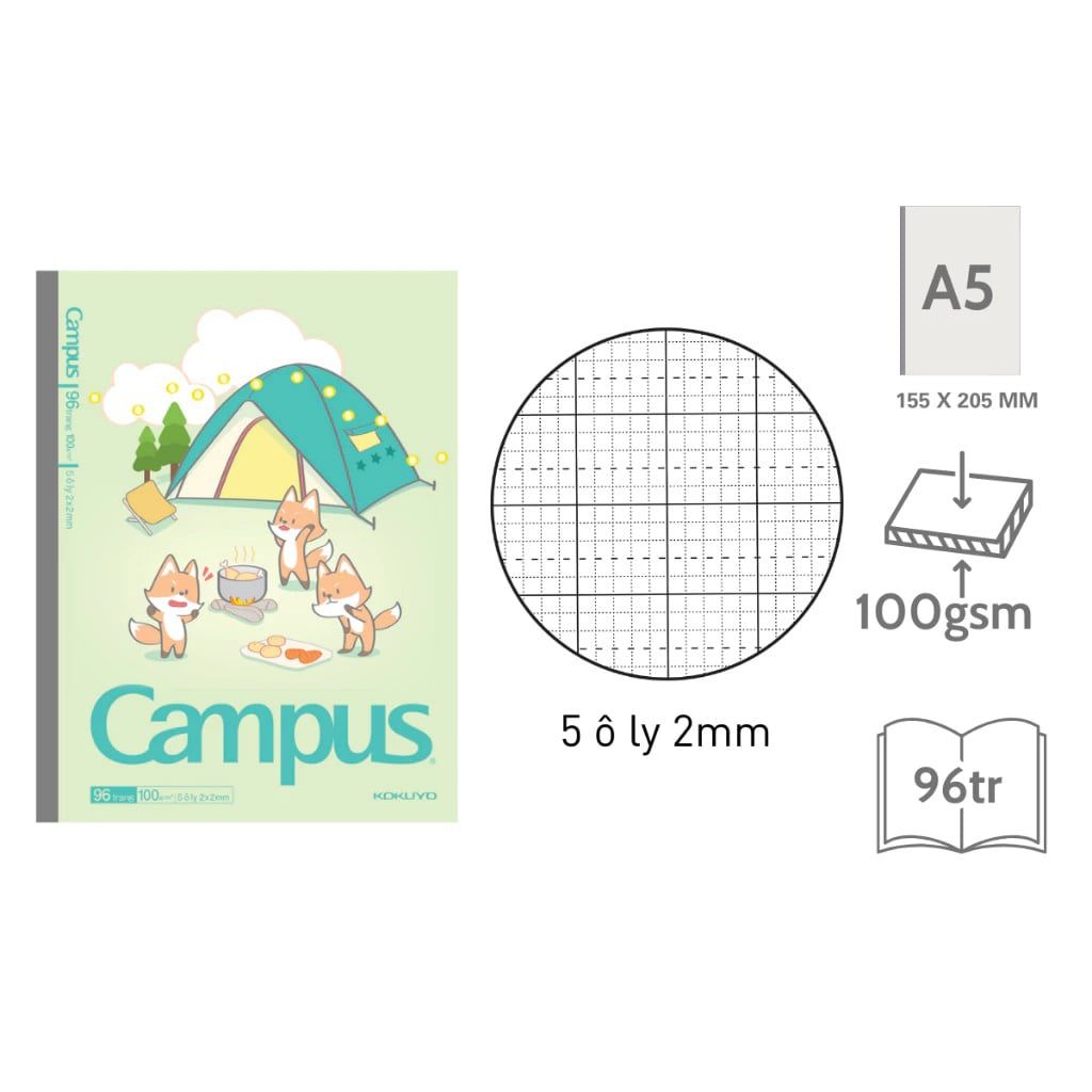 Tập Học Sinh 96tr Campus – Animals Camp A5 DL100gsm 5 Ô Ly Vuông (Giao mẫu ngẫu nhiên)