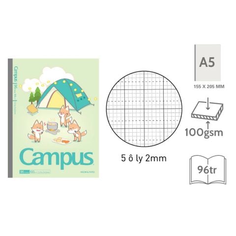 Tập Học Sinh 96tr Campus – Animals Camp A5 DL100gsm 5 Ô Ly Vuông (Giao mẫu ngẫu nhiên)